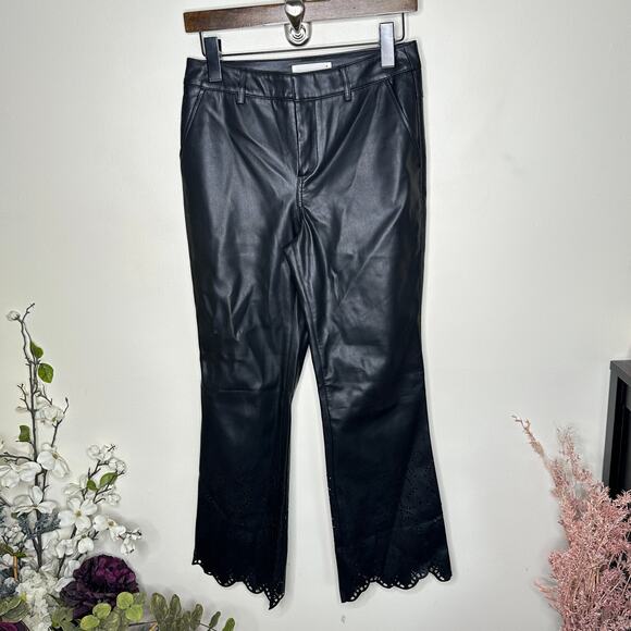ANTHROPOLOGIE Scalloped Laser Cut Faux Leather Trouser Pants Black Sz 0 {3T53} - Picture 2 of 5